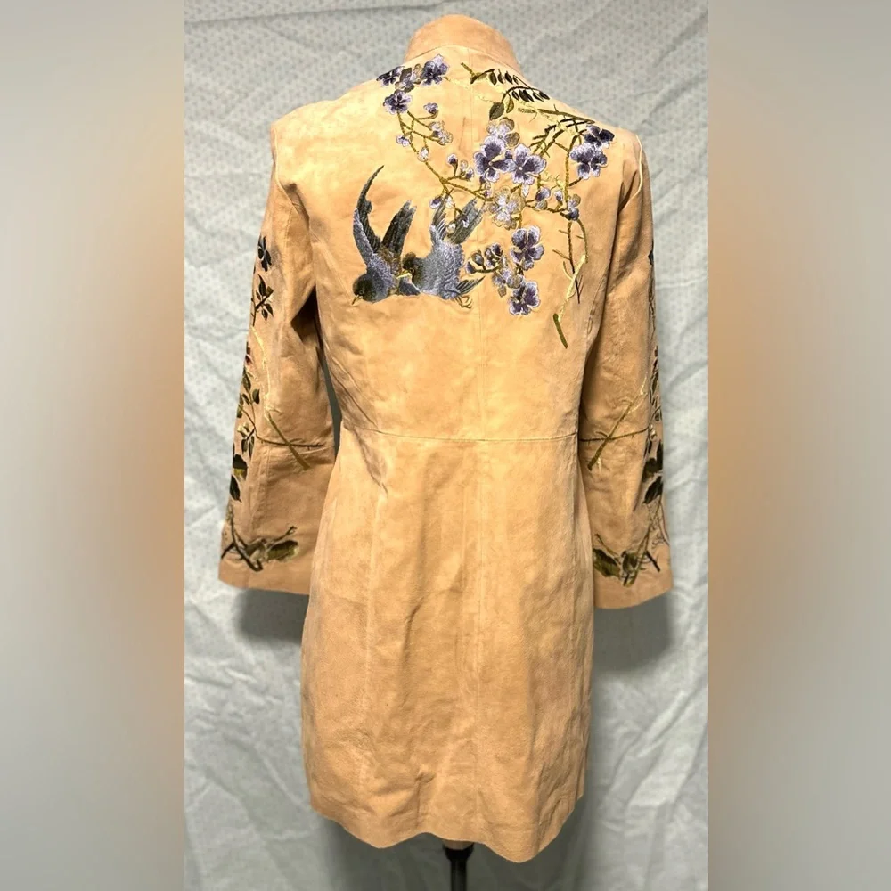 bagatelle Beige Suede Leather Embroidered Floral Coat - Picture 3 of 9